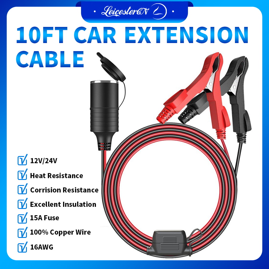 【UL listed】LST 10FT/3M 12V 24V Alligator Battery Clamp to Lighter Socket Extension Cord for Car Inverter Cleaners Tire Inflator(15A Fuse)
