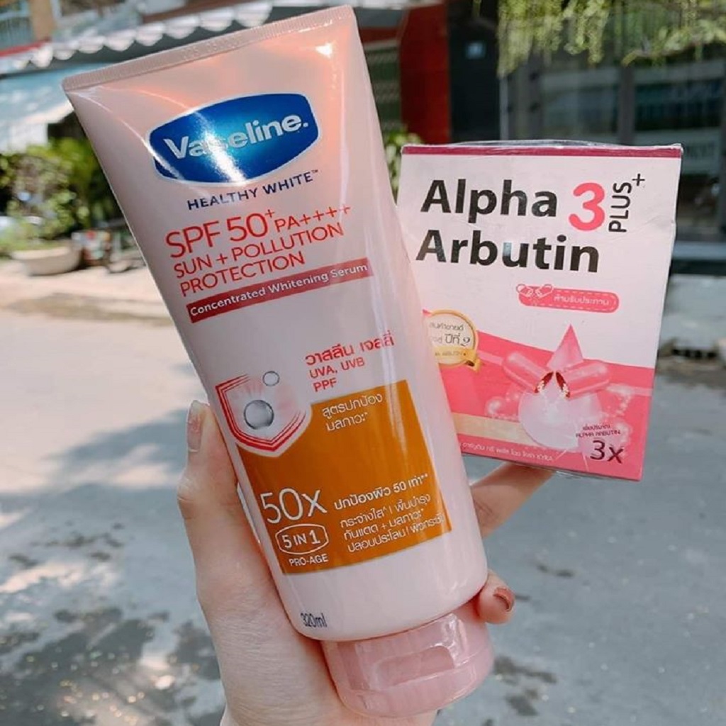 Combo sữa dưỡng thể Vaseline 50x 320ml trắng da chống nắng body và bột kích trắng Alpha Arbutin thái lan chính hãng