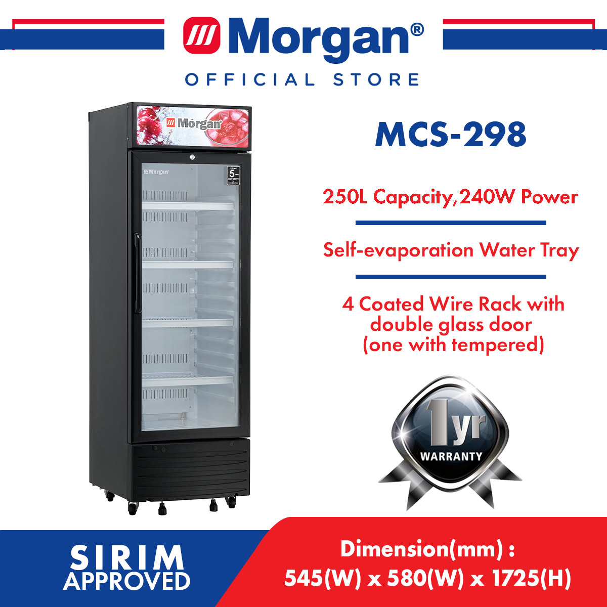 MORGAN MCS-298 CHILLER SHOWCASE DOOR DISPLAY FRIDGE 250L