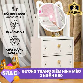 Gương trang điểm để bàn - Gương trang điểm -Kệ đựng mỹ phẩm- Kệ Mỹ Phẩm Đa Năng Có Ngăn Kéo - Gương trang điểm để bàn, Gương trang điểm - Tủ gỗ để đồ trang điểm trang sức hình mèo