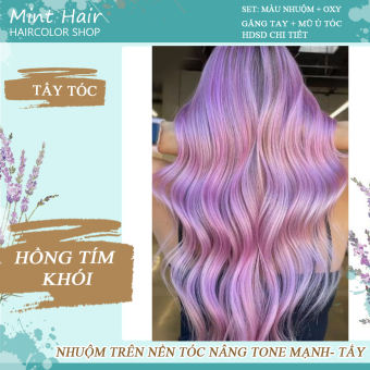 Kem Nhuộm Tóc Hồng Tím Khói Kèm Tẩy Tóc - Tặng Oxy - Nhuộm Nền Vàng Sáng level 8,9