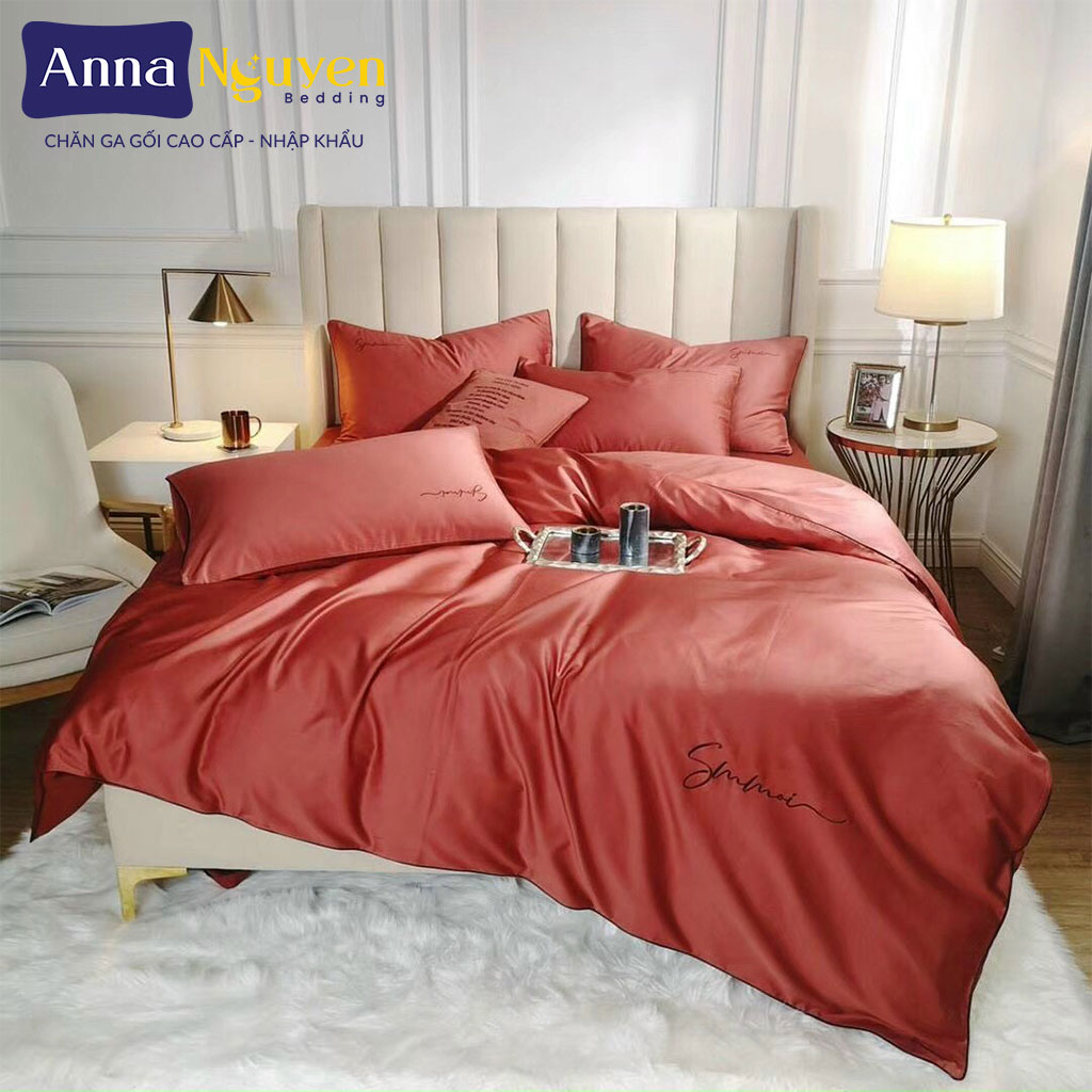 Bộ chăn ga gối đệm cotton lụa sumoi 60s drap giường phi bóng trơn cao cấp bo chun drap - anna nguyen bedding