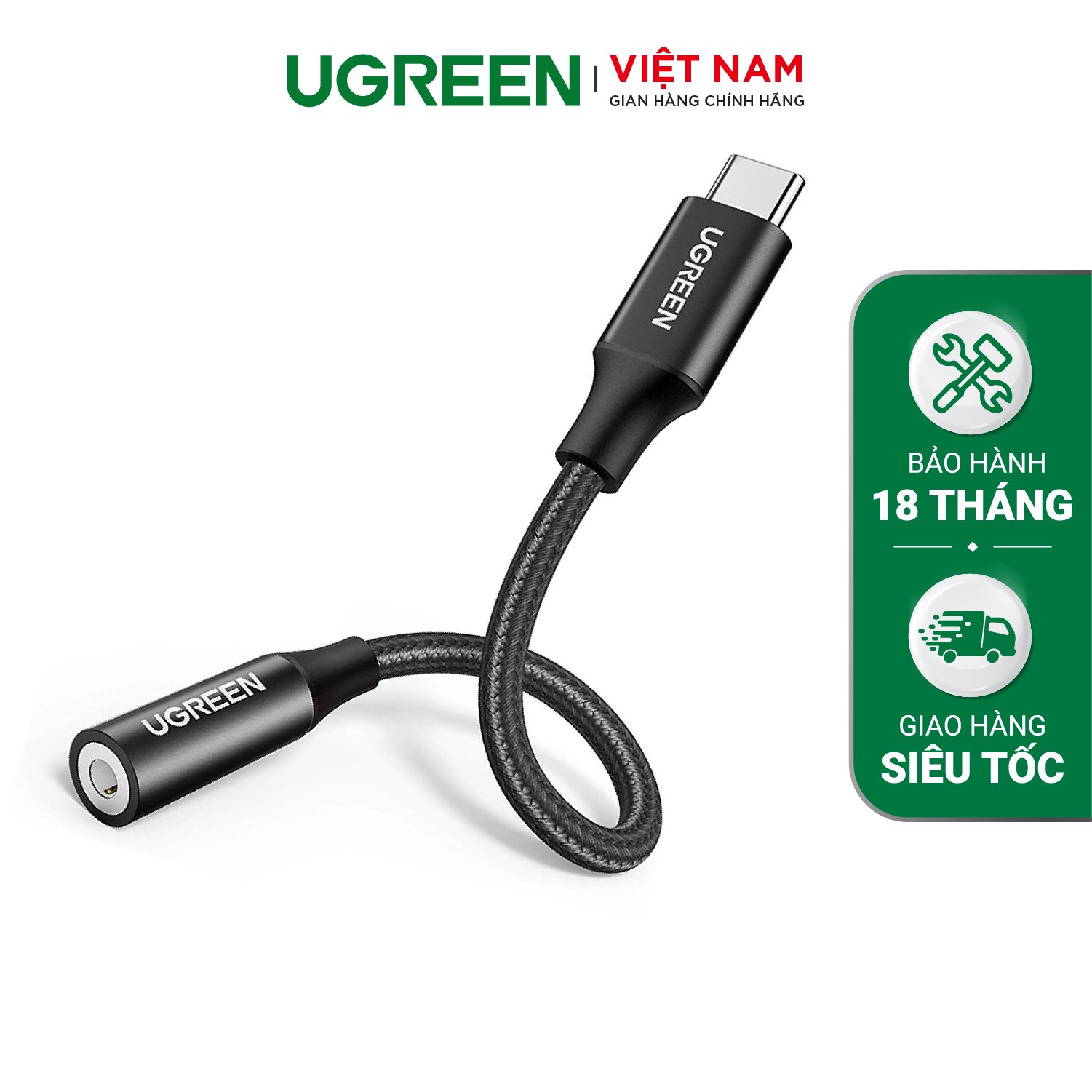 Jack chuyển đổi TypeC sang 3.5mm UGREEN AV161 | Chip DAC | Vỏ nhôm có dây bện | Bảo Hành 18 Tháng 1 Đổi 1 | 80154 50631 70859