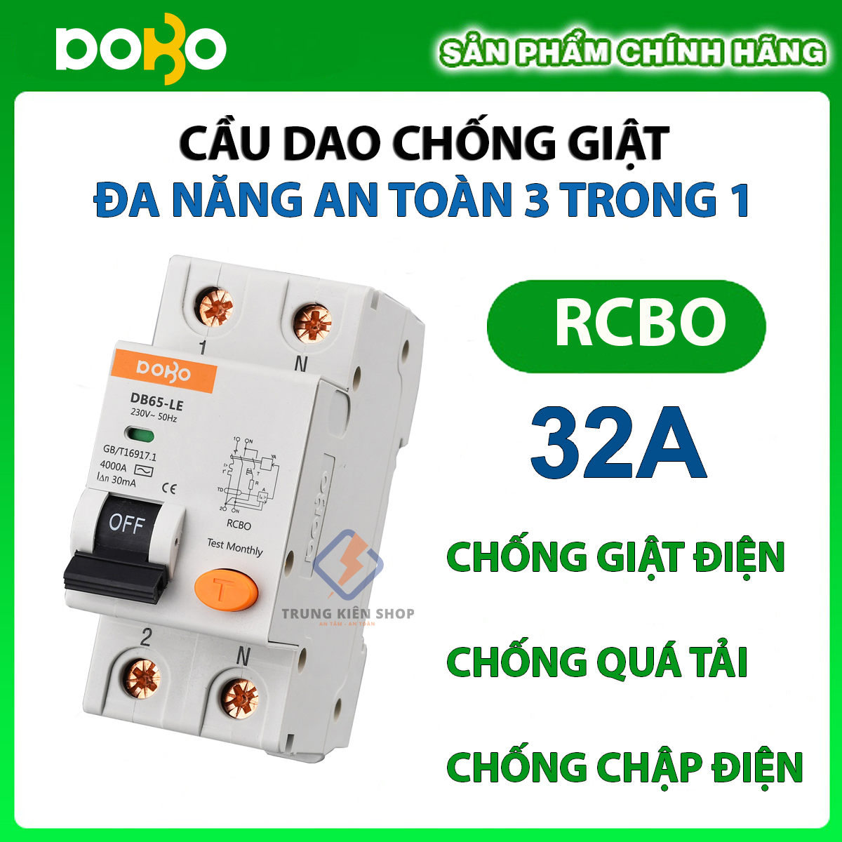 [HÀNG CHÍNH HÃNG] Cầu dao Chống Giật RCBO DOBO KOREA 2P 32A - 30mA  đa năng - siêu nhạy - test giật trực tiếp - Hàng Tốt - Sản phẩm được Khách Hàng tin dùng 5 năm liền!