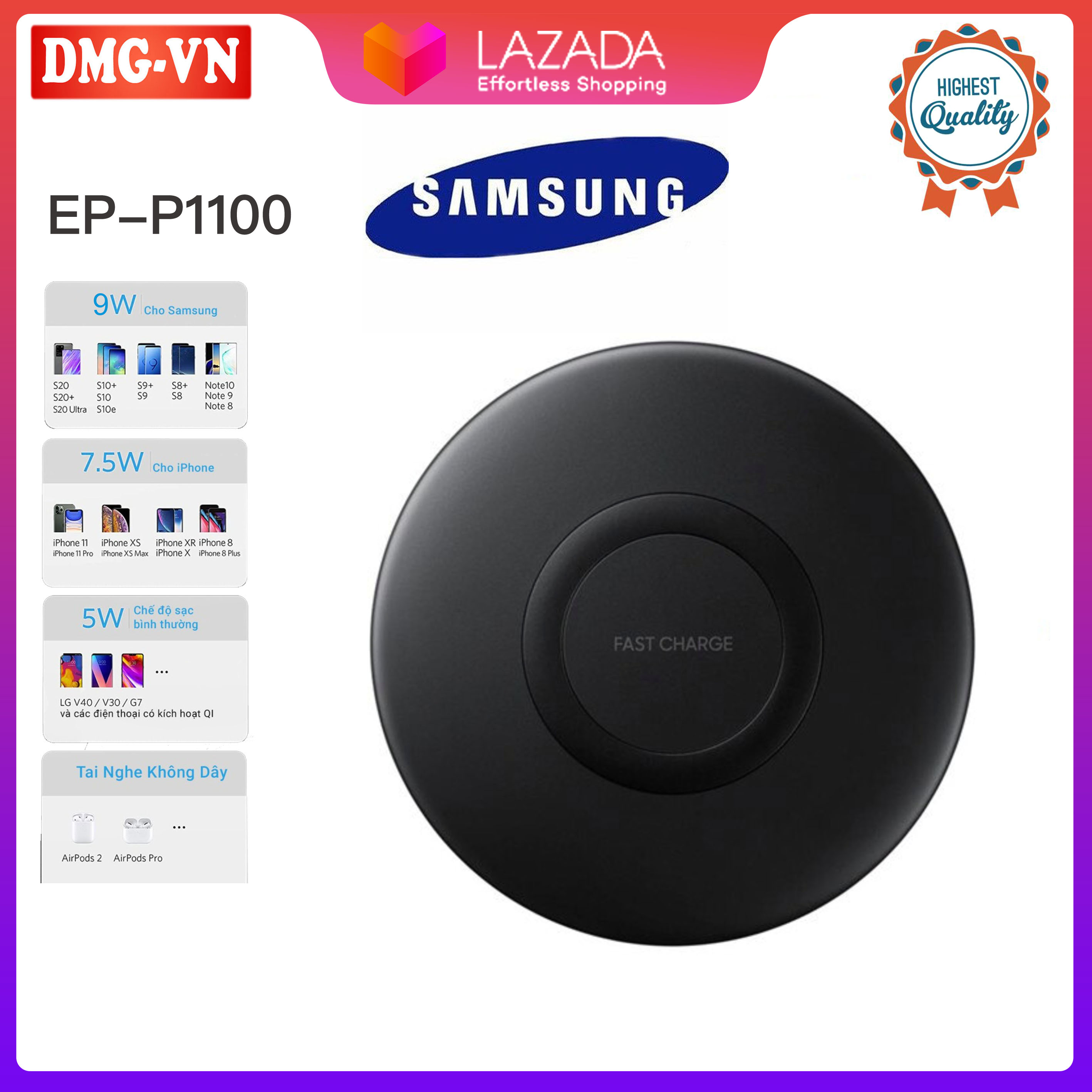 [HCM]Đế Sạc Không Dây Samsung EP-P1100 Chuẩn Qi 9W Cho Samsung S8 S9 S10 S20 S21 Note 20 Note10 Note 9 iPhone 8 X XS 11Pro 12 Pro 13 Pro Vâng