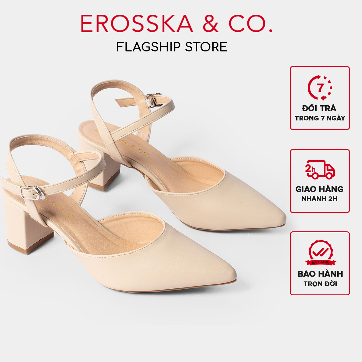 Giày cao gót Erosska mũi nhọn phối dây hở gót cao 5cm màu nude _ EK001