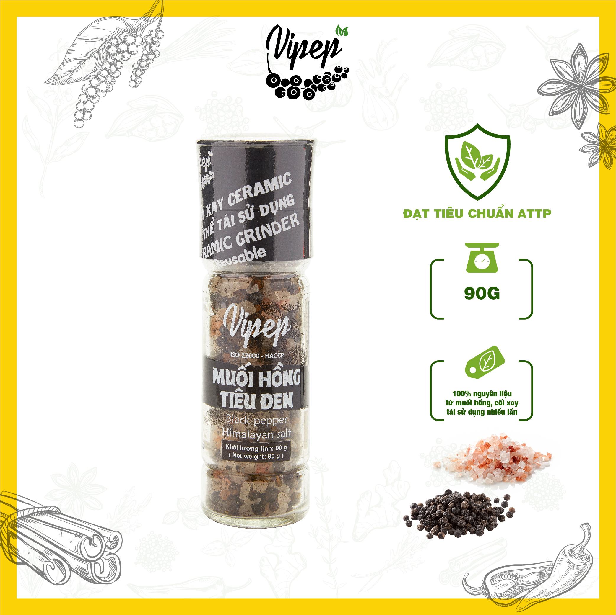 Muối Hồng tiêu đen Vipep 100% nguyên chất từ Himalaya, không chất tạo màu, tiêu đen nguyên hạt chưa qua chế biến 90g