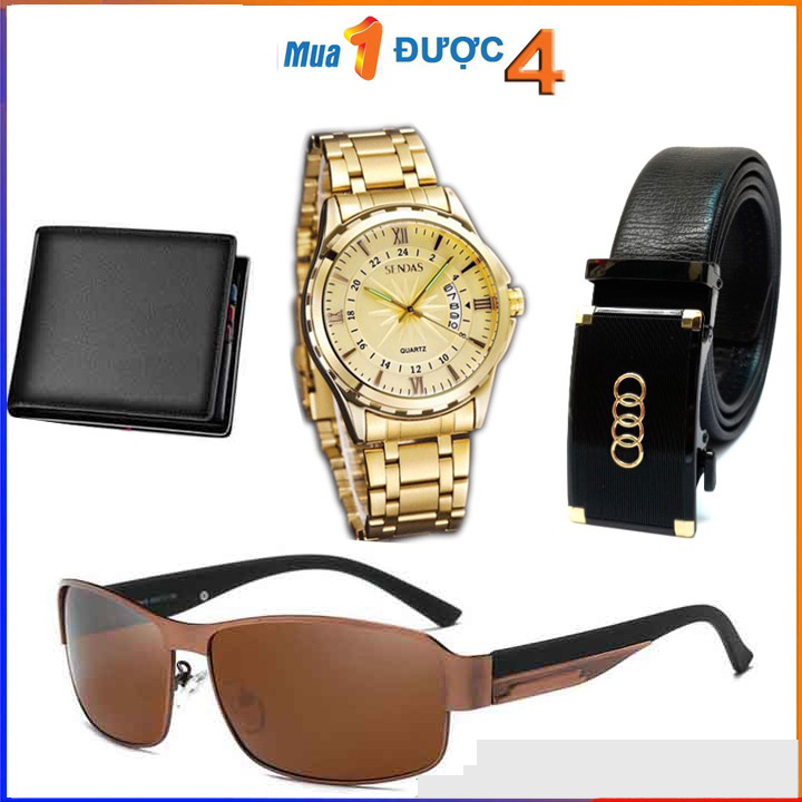 Combo 4 sản phẩm Đồng hồ nam thời trang, tặng ví da, thắt lưng nam và kính mắt chống tia UV