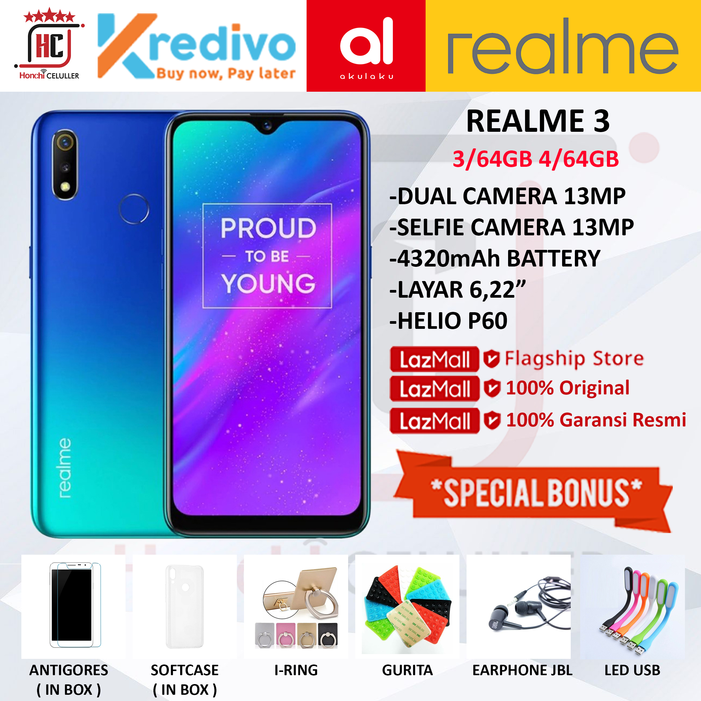 REALME 3 3/64GB 4/64GB GARANSI RESMI ORIGINAL FULL BONUS Harga  2,500,000 rupiah*Gratis Ongkir