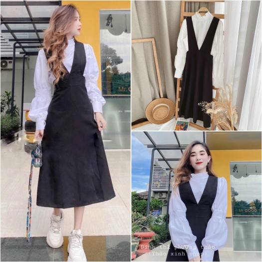 SET VÁY YẾM DÁNG DÀI CHIẾT EO VINTAGE siêu xinh/Set áo trắng và váy yếm dài  đai eo | Shopee Việt Nam