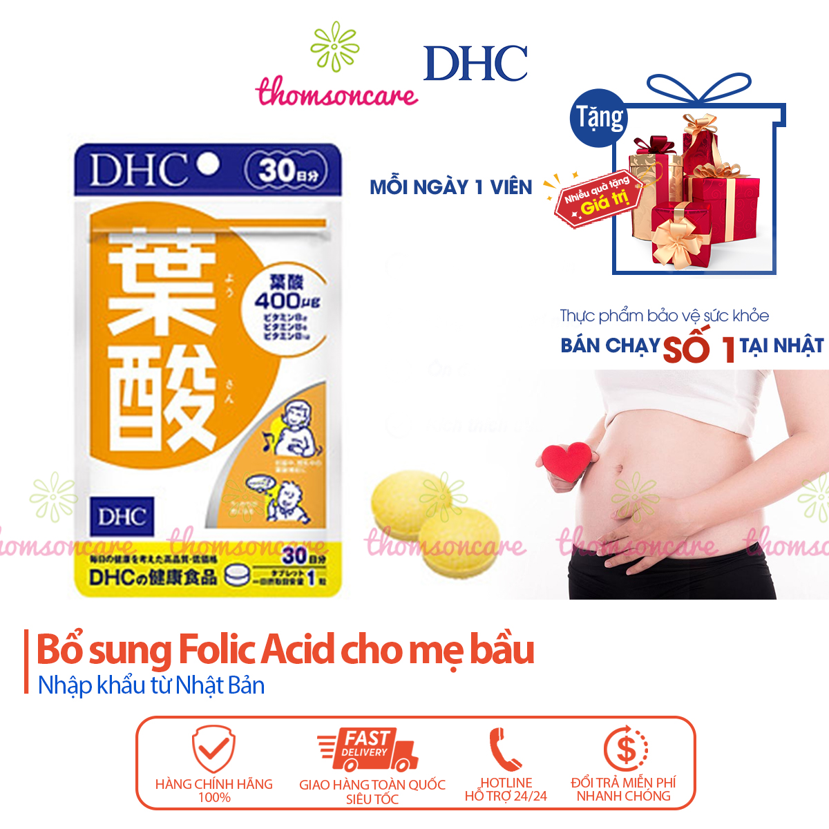 DHC Folic Acid 30 viên - Bổ sung Vitamin, Axit Folic 400ug 0.4mg cho bà bầu của nhật trước và sau kh