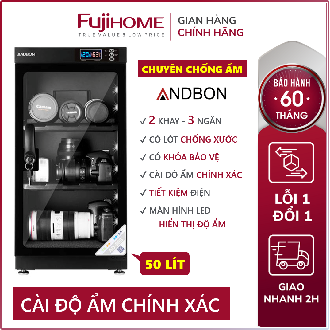 Tủ chống ẩm máy ảnh 50 lít Andbon AD-50C Tủ hút ẩm máy ảnh 50l ba ngăn công nghệ tiết kiệm điện giá 