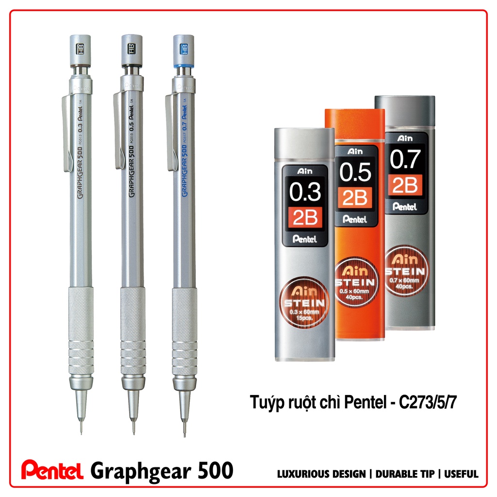 Bút chì kim kỹ thuật cao cấp pentel graphgear 500 loại 0.3/0.5/0.7mm vẽ phác thảo, vẽ kiến trúc - pg513, pg515, pg517