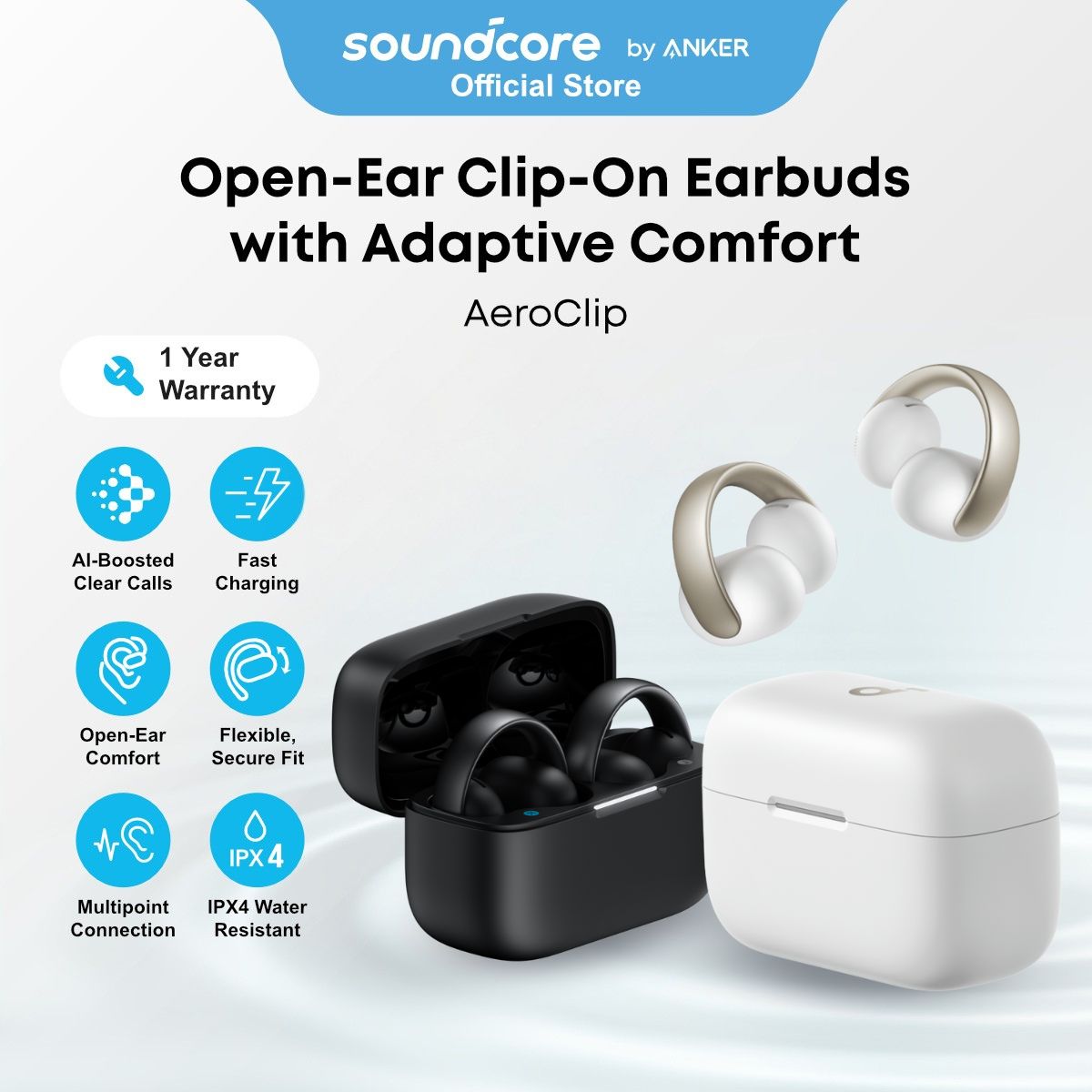 [NEW] soundcore AeroClip by Anker, Open-Ear Clip-On Earbuds with Adaptive Comfort, 4 mics AI-Boosted Clear Calls, Flexible open-ring design, Powerful Bass, Tap Control, Multipoint Connection, Long Lasting Battery Life, Fast Charging, IPX4 Water-Resistant