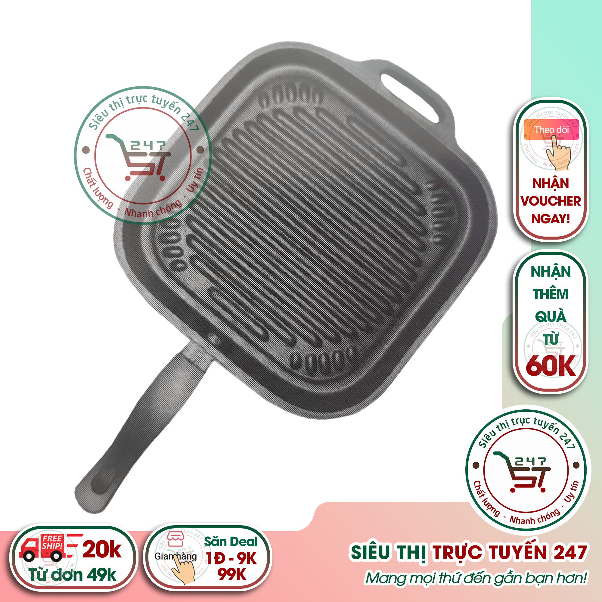 Vỉ nướng vuông tay cầm chống dính 24x24 cm Vỉ nướng thịt dùng trên bếp gas tiện lợi