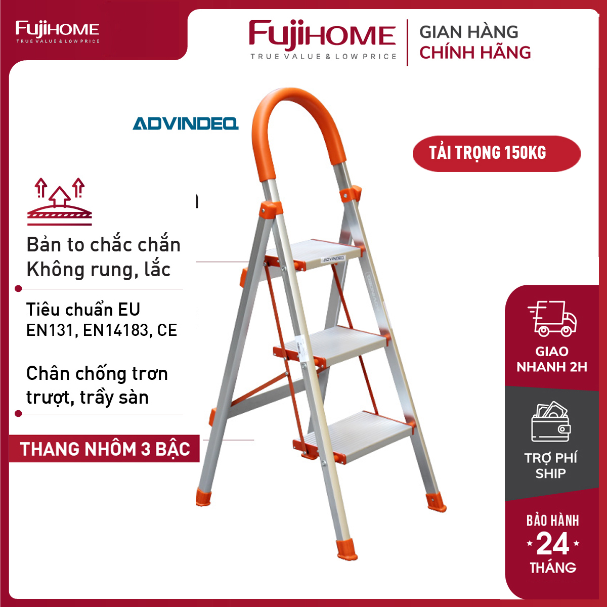 Thang nhôm ghế 3 bậc cao 1.2m tay vịn bậc to nhập khẩu ADVINDEQ ADS-703, thang ghế xếp gọn đa năng gia đình, chân chống trơn trượt - Hàng chính hãng bảo hành 24 tháng