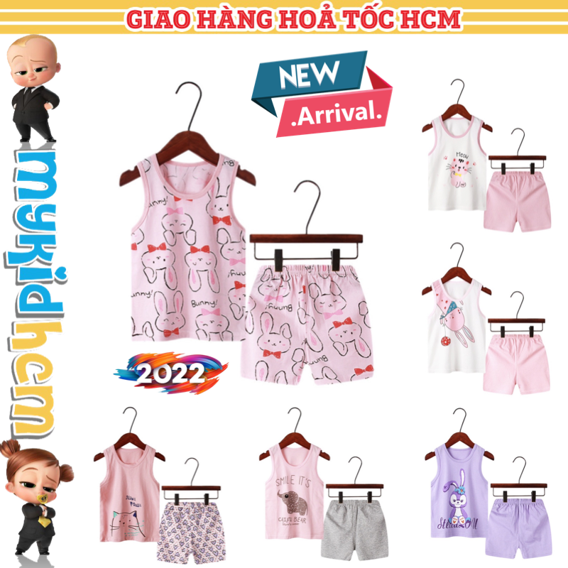 Mẫu mới 2022 Đồ bộ bé gái voi thỏ mèo màu hồng tím Bộ quần áo trẻ em ba lỗ mùa hè bộ quần áo thun cho bé chất cotton