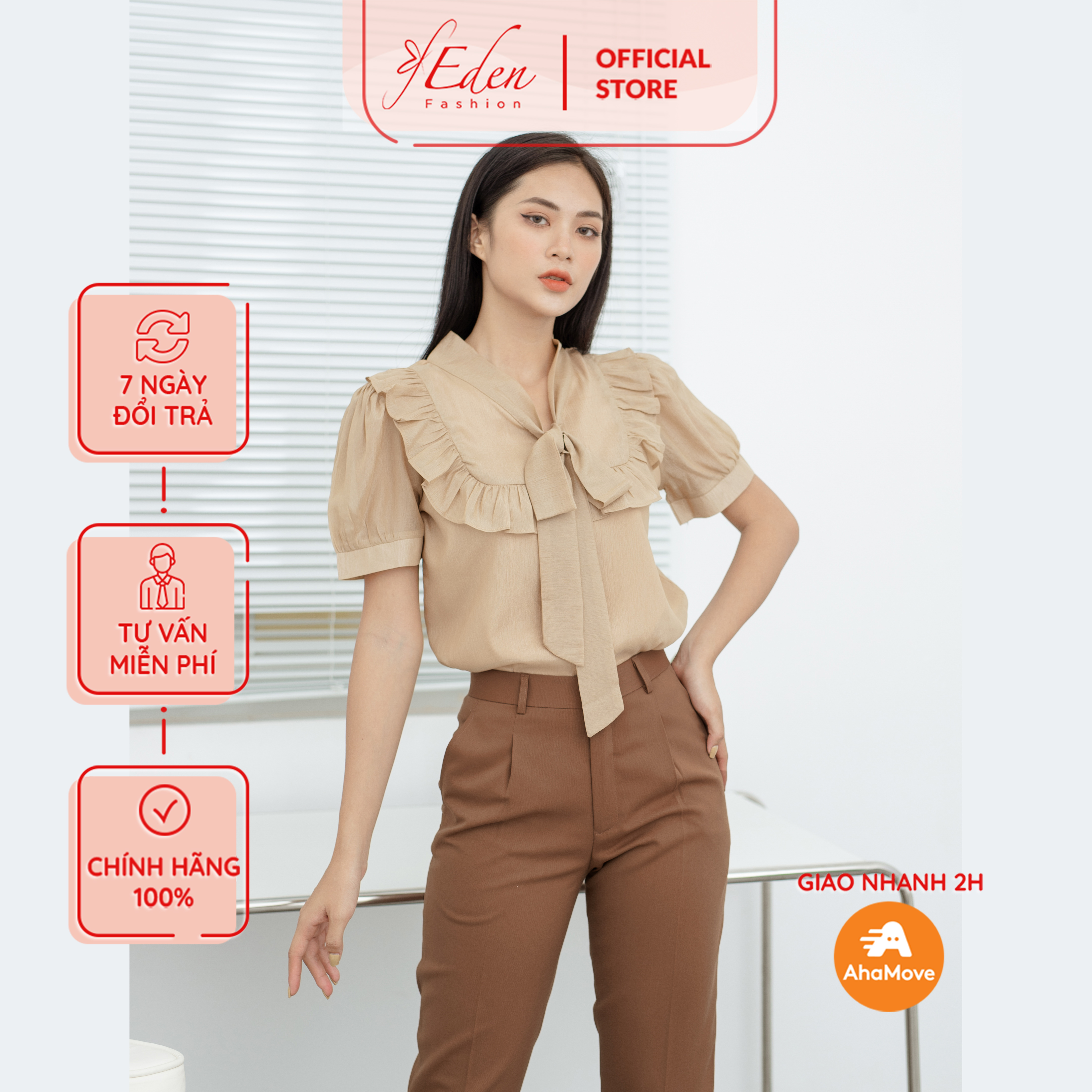 Áo sơ mi kiểu nữ công sở 2 lớp thiết kế thời trang Eden tay phồng cổ nơ phối bèo chất liệu tằm thoáng mát có lót trong - ASM174