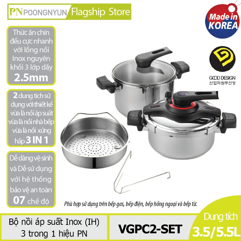 Bộ nồi áp suất inox ih 3 trong 1 poongnyun vgpc2-set - sản xuất tại hàn quốc - hàng chính hãng