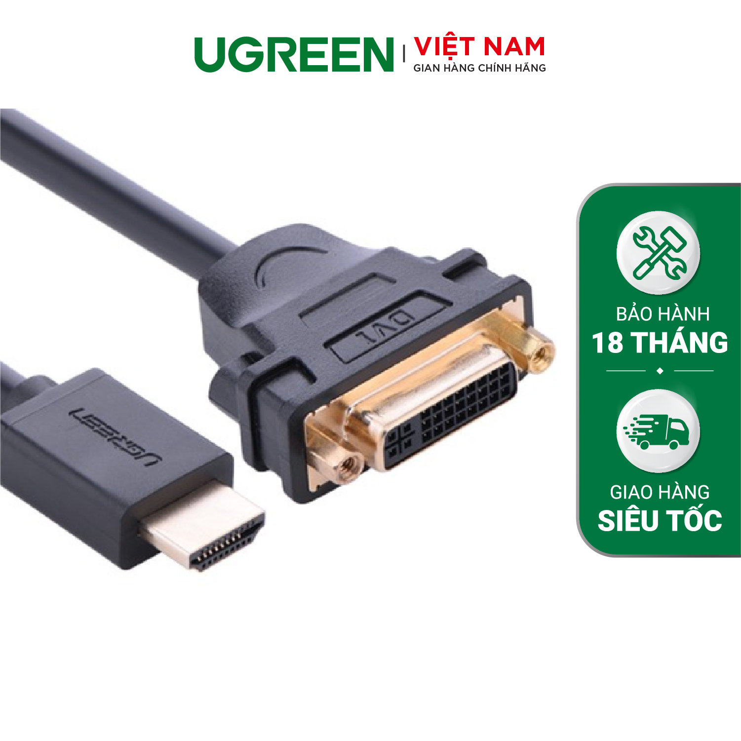 Cáp chuyển đổi HDMI đực sang DVI-I (24+5) cái dài 20Cm UGREEN 20136 (màu đen) - Hàng phân phối chính hãng - Bảo hành 18 tháng