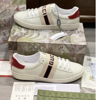 Giày Gucci đai chun ngang ACE trắng kem gót đỏ cao cấp