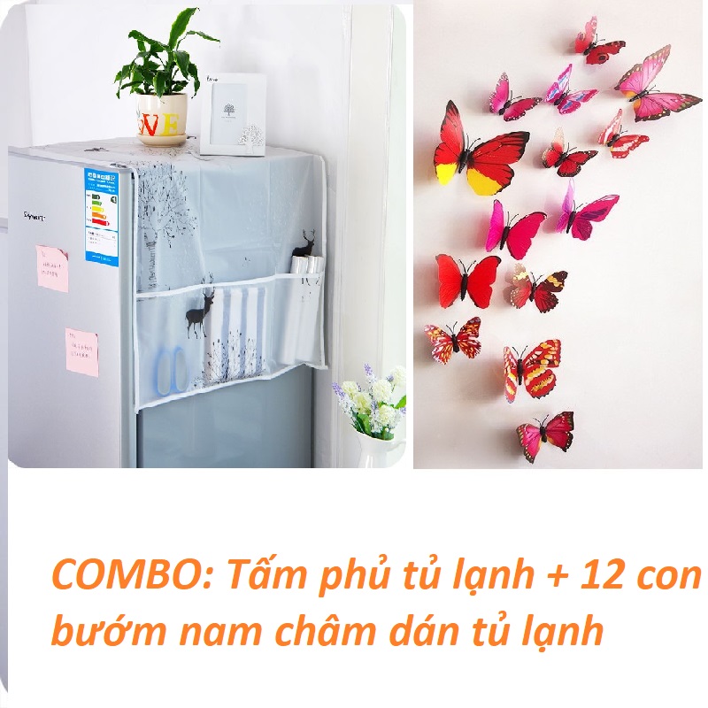 Combo: Combo: Tấm phủ tủ lạnh + set 12 con bướm nam châm trang tri.