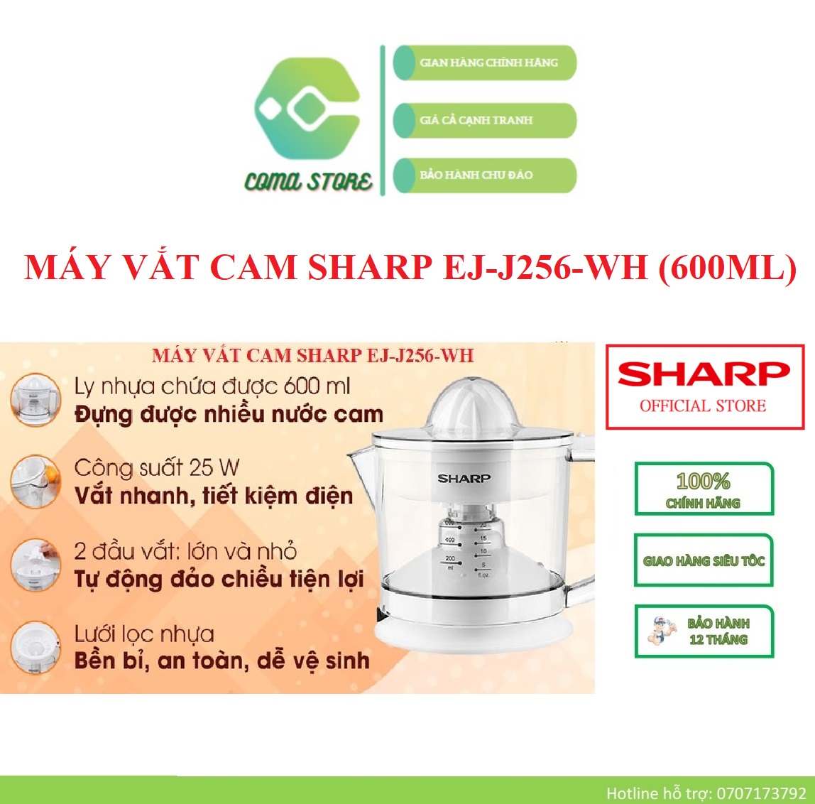 Ej-j256-wh - máy vắt cam sharp 0.6l - bảo hành chính hãng 12 tháng