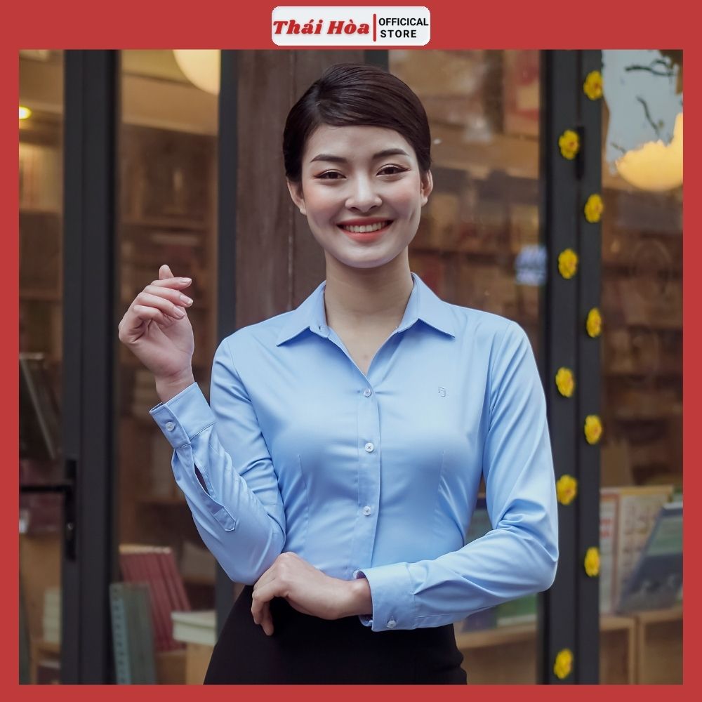 Áo sơ mi nữ Thái Hòa kiểu công sở đẹp cao cấp màu xanh tay dài tay ngắn đi học vải sợi tre thoáng mát 8919-03-01