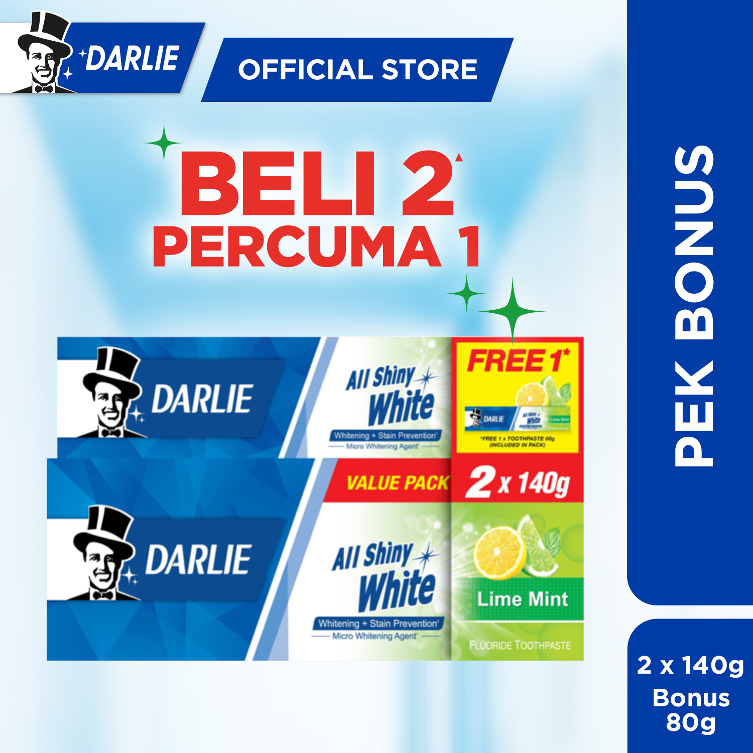 Gambar DARLIE ALL SHINY WHITE LIME MINT 140G TWIN + FOC LIME MINT 80G