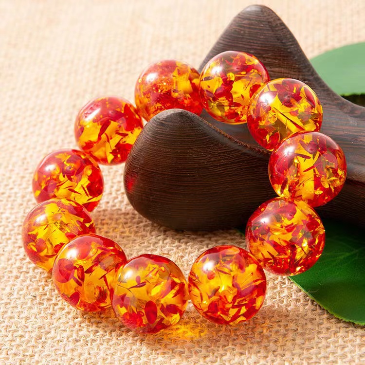 Vòng tay màu hổ phách chuỗi tay sáp mật ong đỏ hạt tròn màu hổ phách hoa đỏ 16mm vòng tay nam nữ