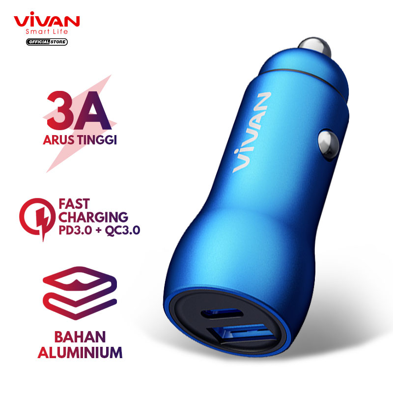 Car Charger VIVAN Casan 2 Ports USB-A & Type C 20W 3A PD QC3.0 Fast Charging Garansi 1 Tahun VCC04 Harga 116,000 rupiah*Gratis Ongkir