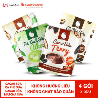 Combo 4 gói Bột hòa tan cà phê sữa, cacao sữa, matcha sữa, cacao sữa dừa Light Coffee 50gr/gói, thức uống pha sẵn tiện lợi , pha uống liền