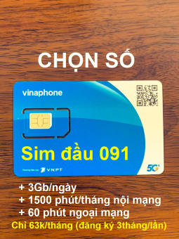 Sim 4G Vinaphone 90Gb/tháng Đầu 091-CHỌN SỐ (Chỉ 63K/tháng: 3GB/ngày, miễn phí 1500phút nội mạng, 60phút/tháng ngoại mạng, xin lưu ý: đăng ký combo 3 tháng/lần 190k/3 tháng)