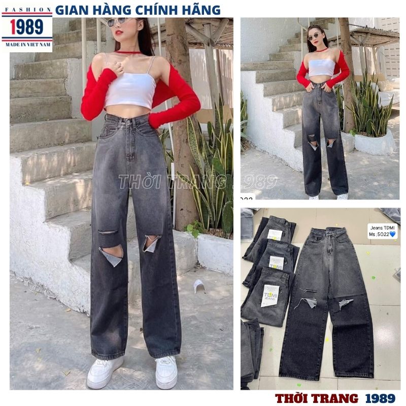 Quần bò nữ lưng cao ống rộng phối 2 mầu đen xám -kiểu dáng hàn quốc ,quần bò dáng suông, quần jeans bò ống rộng cạp siêu cao tốn dáng , quần jeans loang mầu sang chảnh năng động -THỜI TRANG 1989
