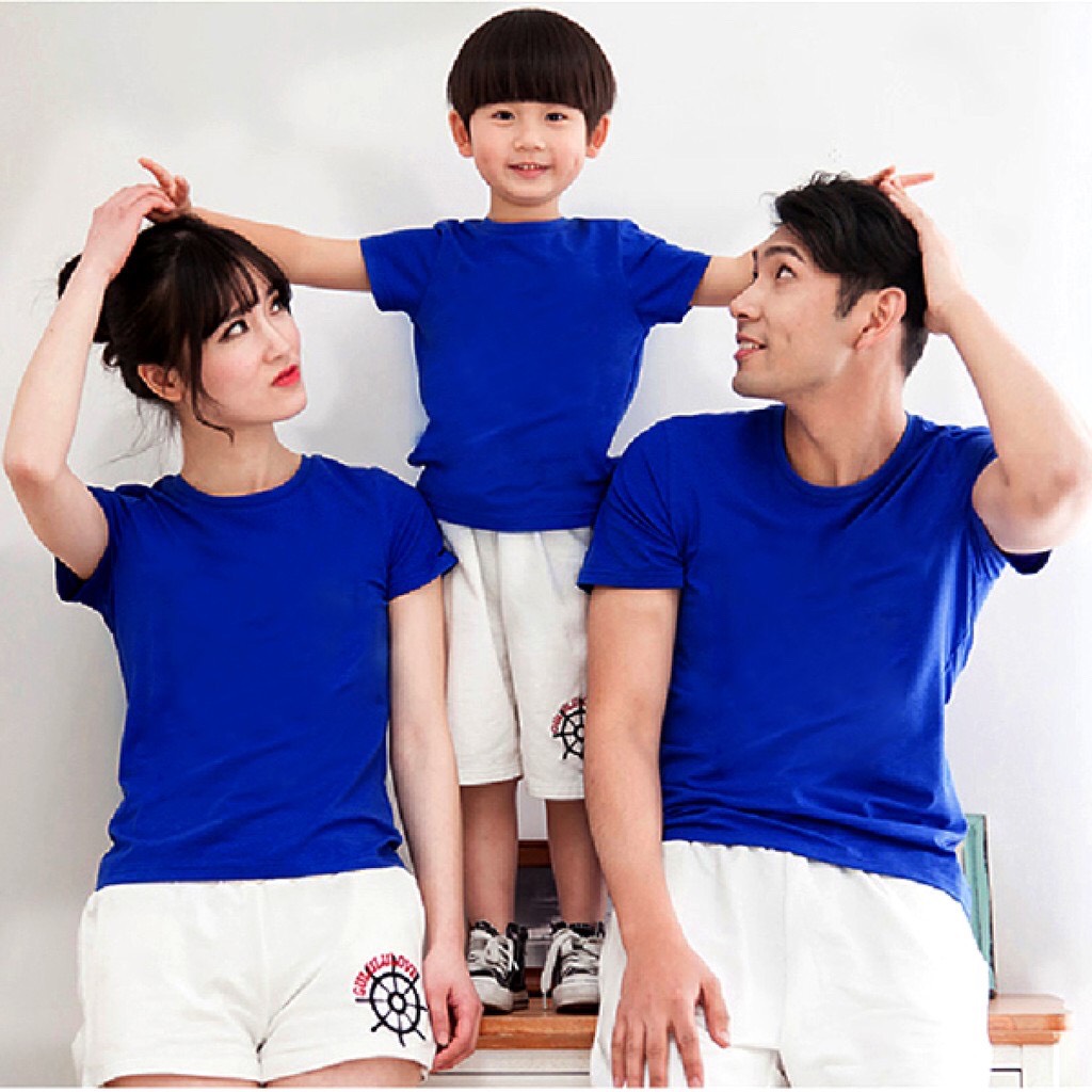 Áo thun màu xanh dương vải dày đủ size ngắn tay cổ tròn nam và nữ cả trẻ em
