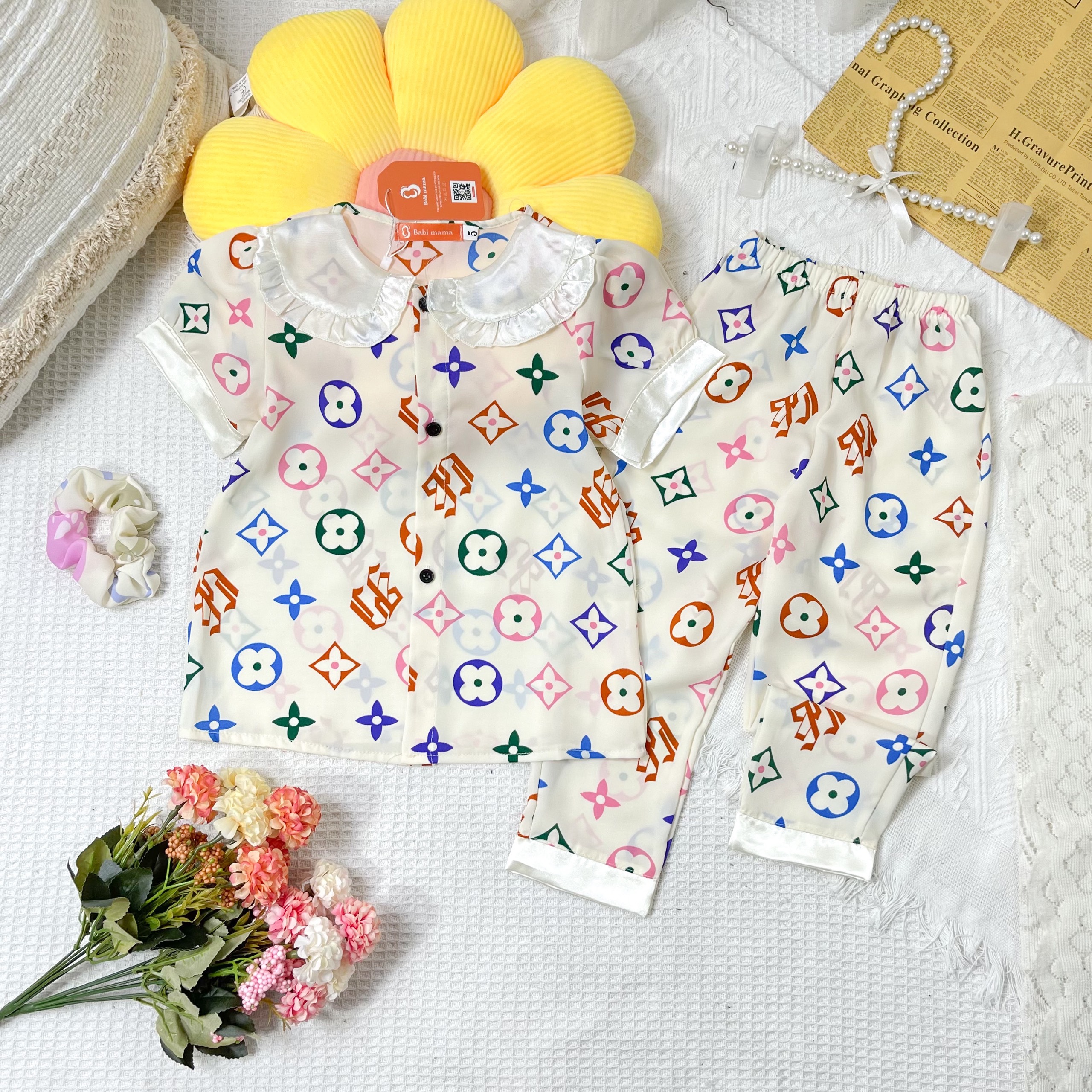 Bộ ngủ lụa bé gái, bộ pijama cộc dài lụa mango cao cấp cho bé gái từ 13-35kg - boody - bpn41