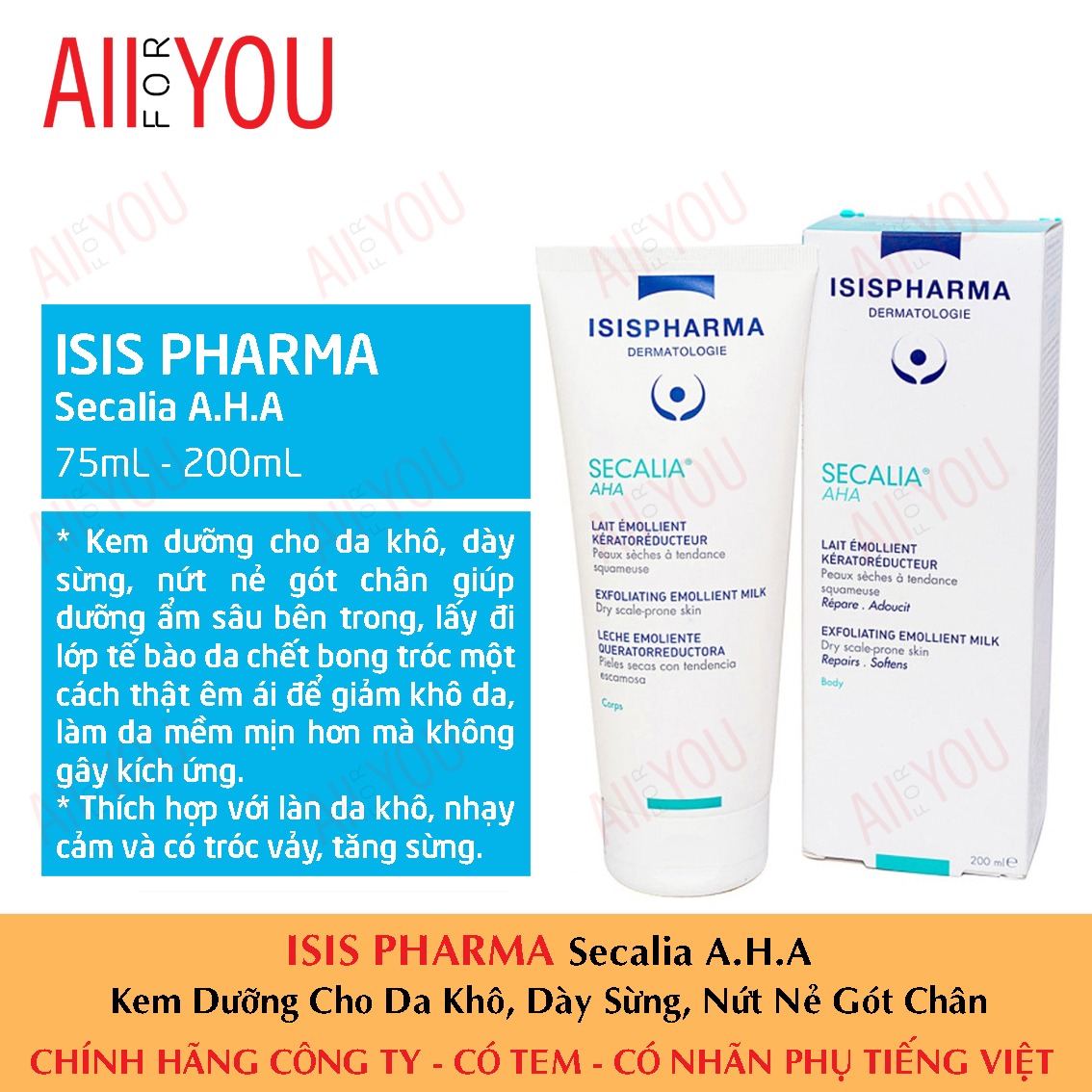 Isis pharma secalia a.h.a 75ml & 200ml - kem dưỡng cho da khô, dày sừng, nứt nẻ gót chân.