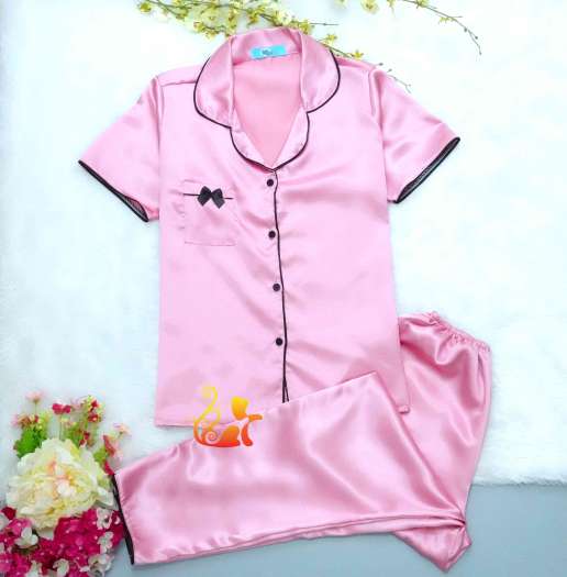 Đồ Bộ Pijama Phi Lụa Nơ Viền Quần Dài Cao Cấp - Dưới 60kg