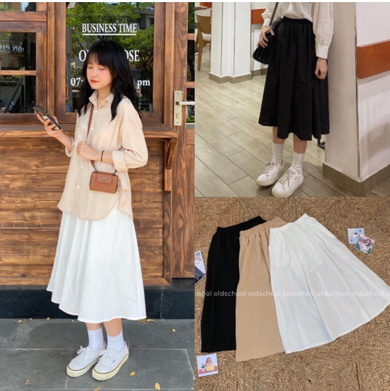 Chân váy dài ulzzang dáng xòe, chân váy đũi cạp chun phong cách Hàn Quốc thời trang thanh lịch
