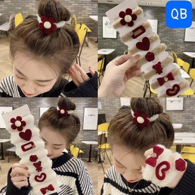 Set 7 dây buộc tóc hình hoa, trái tim phong cách Hàn