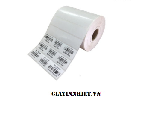 Giấy in tem khổ 35x22 mm, 3 tem/hàng, cuộn 50m, khổ 110mm, in mực