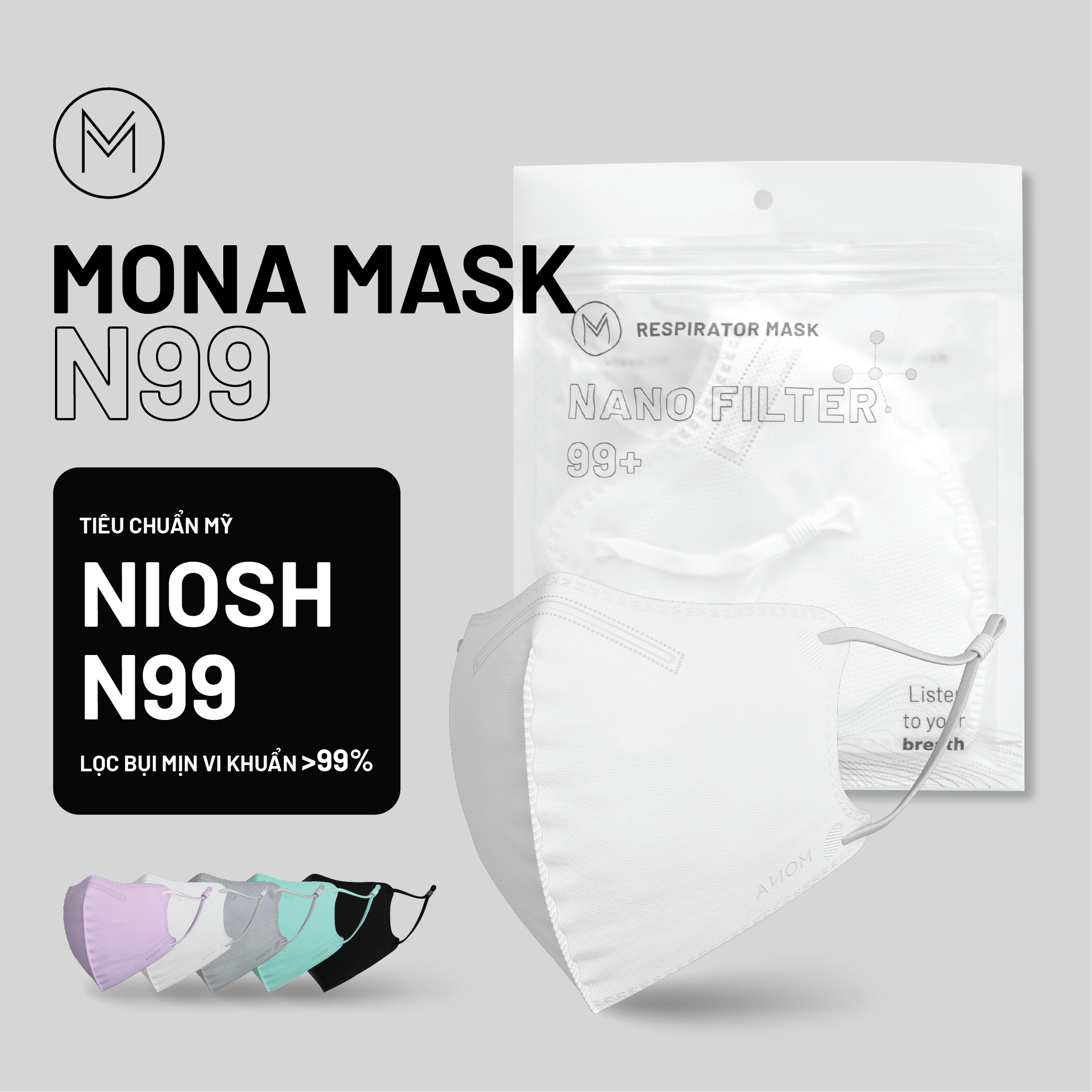 COMBO 3 Khẩu Trang 3D MONA MASK N99 Chống Nắng Tia UV 6 Lớp Lọc 99% Bụi pm 2.5