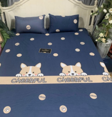 Bộ ga gối poly cotton Chó cherful nhiều mẫu kích thước 1m2, 1m6, 1m8, 2m2 - Set gồm 3 món 1 ga giường gồm 2 vỏ gối nằm