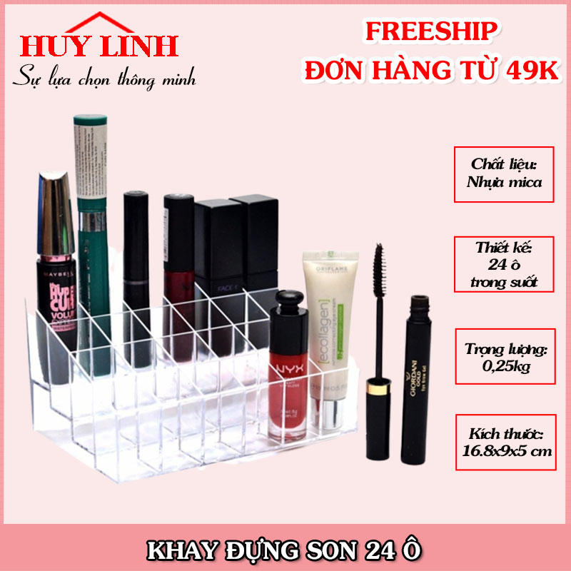 Khay đựng son 24 ô chất liệu mica trong suốt tiện lợi, khay đựng mỹ phẩm, khay để son, khay đựng dụng cụ làm đẹp, khay mica đúc cao cấp, Huy Linh