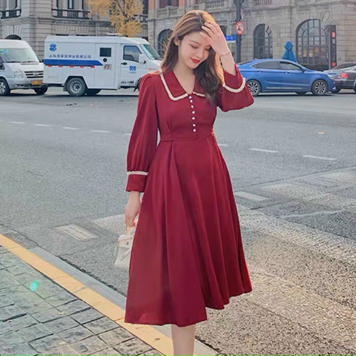 Đầm dài dáng xòe cổ bèo đính nút thanh lịch, nhã nhặn 2 màu