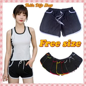 Quần đùi nữ viền sọc mặc nhà màu đen, quần short ngắn dây rút vãi thun cotton, quần sooc nữ kiểu dáng thể thao