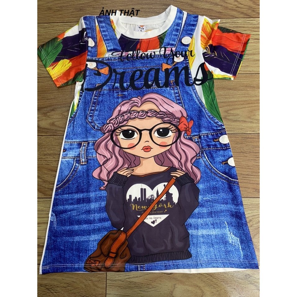 Váy bé gái - Váy hoạt hình in giả yếm bò 3D họa tiết cô gái, gấu nâu xinh xắn cho bé 20-35Kg