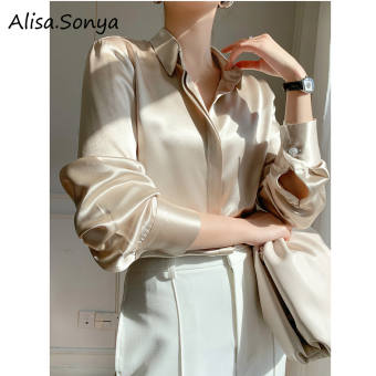 Alisa.Sonya Áo Sơ Mi Nữ Công Sở Cổ Điển Áo Cánh Thanh LịCh Áo Vải Satin Tay Dài Thời Trang Cổ Ve Áo Có Nút Áo FORM RỘNG Vừa Vặn Dành Cho Nữ