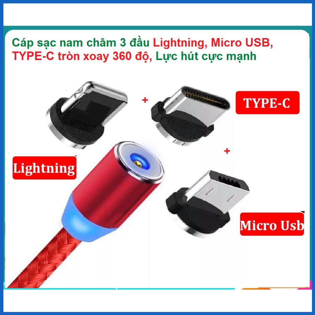 Cáp sạc nam châm, dây cáp nam châm, dây cáp sạc, dây cáp sạc điện thoại, dây cáp sạc nam châm, dây cáp sạc điện thoại nam châm 3 đầu, iPhone-Android-type C Xoay 360 Độ Dây Dù Có LED cao cấp