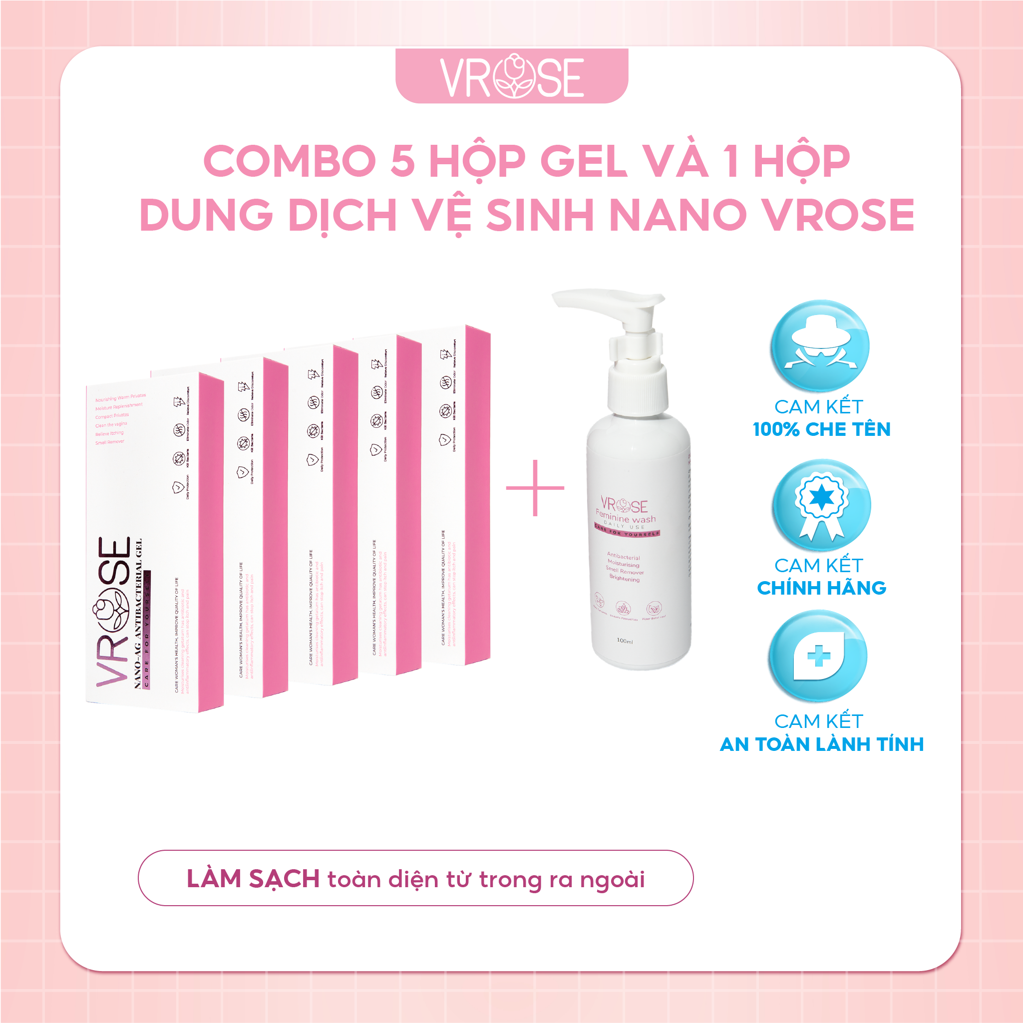 Combo 5 gel phụ khoa và dung dịch vệ sinh nano Vrose